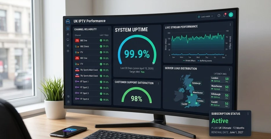 Best IPTV provider UK dashboard showing 99.9% uptime — top-rated UK IPTV subscription performance proof