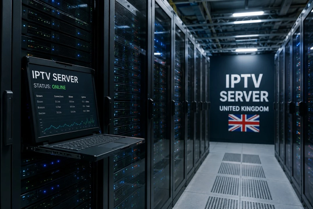 IPTV server architecture diagram — how UK based IPTV server delivers 8K 4K HD streams to Firestick Smart TV and mobile