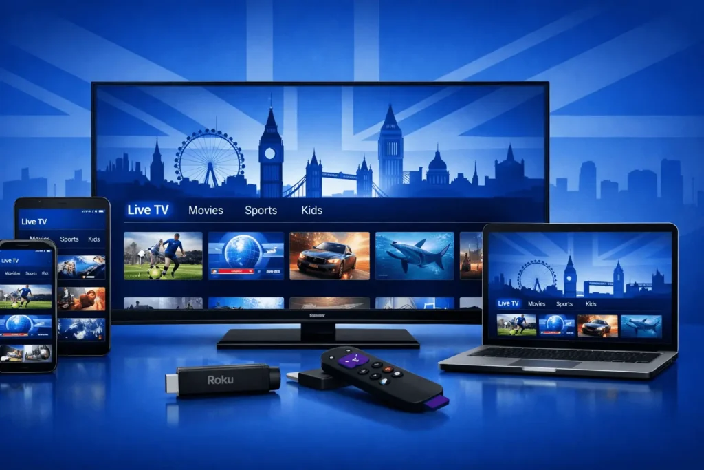 IPTV subscription UK 2026 buyer's guide — streams on Smart TV, Firestick, phone and tablet showing UK channels including Sky Sports and BBC