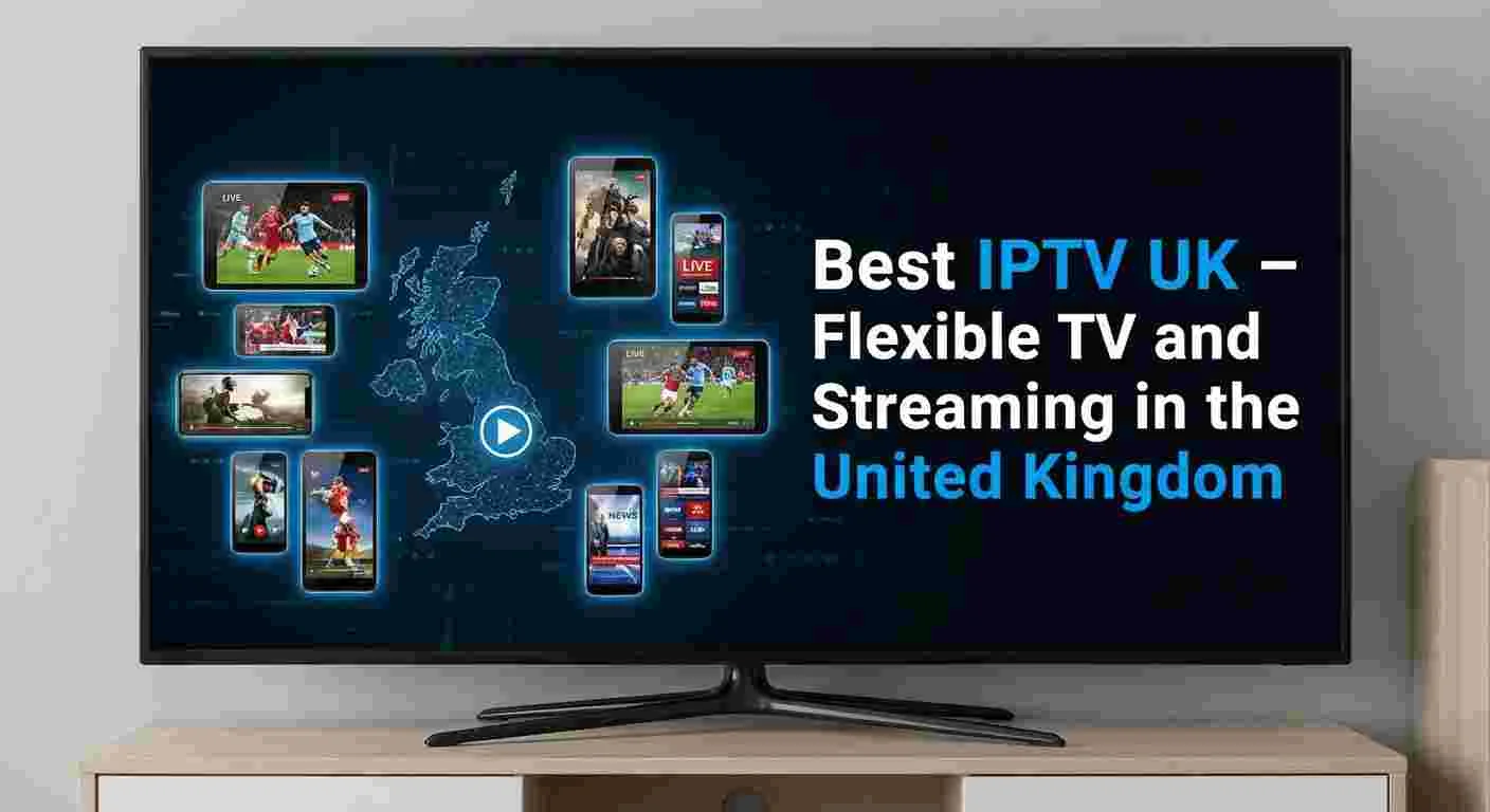 How United Kingdom IPTV works — diagram showing IPTV streaming over broadband to UK devices and Smart TVs