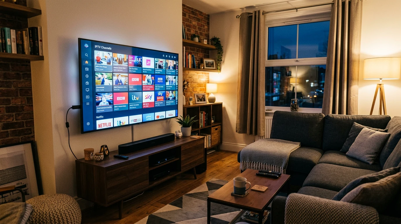 UK IPTV subscription running on Smart TV, Amazon Firestick, iPhone and laptop — showing channels including Sky Sports Premier League and BBC One