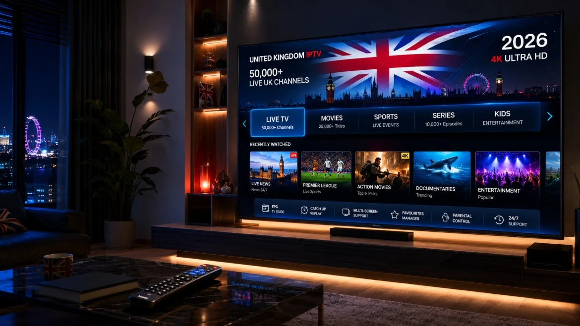 United Kingdom IPTV 2026 — streaming interface showing 50,000+ live UK channels in 4K Ultra HD quality